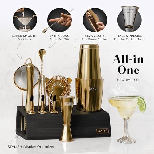 BARE BARREL® Mixology Bartender Kit Bar Set | 14-Piece Cocktail Shaker Set | Martini Barware Mixing Tools for Home Bartending | Incl. 35 Recipe Cards | Gift Set (28oz Boston Shaker, Gold/Black) - Image 2