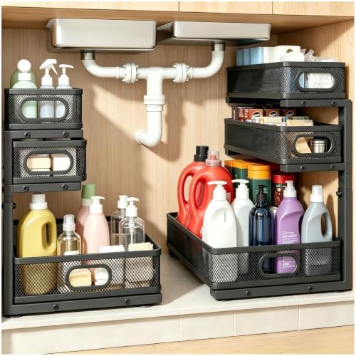 2 Pack Under Sink Organizer, 3-Tier Pull Out Cabinet Organizer and Storage by EGBULL