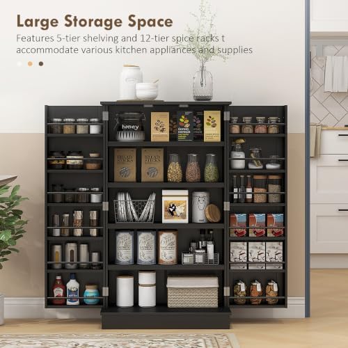 HOMCOM 41" Kitchen Pantry Storage Cabinet 12 Door Shelves Black - Image 4
