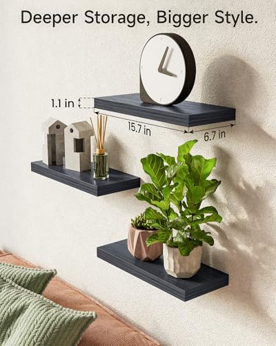 BAYKA Black Floating Shelves 15.7in, Set of 3, Wall Mount Rustic Wood Shelf - Image 3
