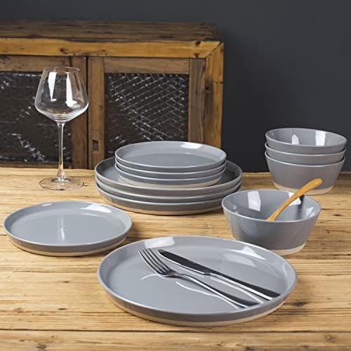 Famiware Saturn Dinnerware Sets for 4, 12 Pieces Stoneware Plates and Bowls Dish Set - Chip and Scratch Resistant, Microwave and Dishwasher Safe Tableware, Dark Gray - Image 5