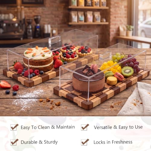 Mifoci 3 Pack Acacia Wood Checkerboard Cake Stand Serving Tray with Acrylic Lid, 15 x 6 x 4 Inches Charcuterie Table Display Set, Dessert Serving Tray Set for Bakery, Buffet, Home Party & Restaurant - Image 4