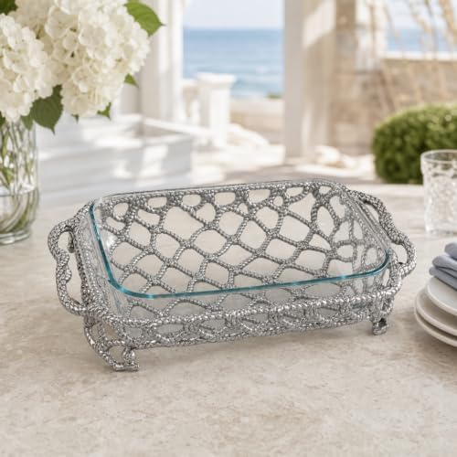 Arthur Court Crab and Net Casserole Dish Holder Ocean Pattern Aluminum 3 Quart with Glass Dish - Image 3