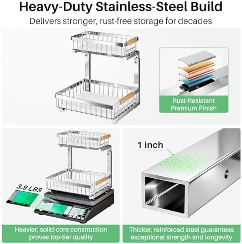 Kitstorack Under Sink Organizer, 2 Tier Under the Sink Storage, Slide out Pull out Cabinet Organizer Shelf, Metal Sliding Drawer for Kitchen Bathroom Pantry Closet Organization Rack, Silver, 2 Pack - Image 2