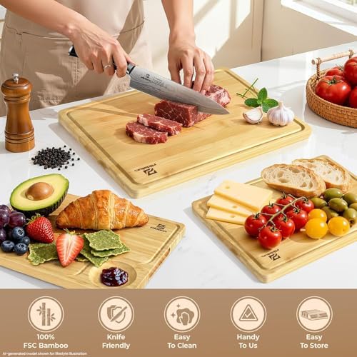 Piklohas Bamboo Cutting Boards Set of 4 for Kitchen with Wood Storage Stand - Image 3