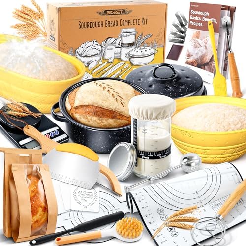 Sourdough Starter Kit for Beginners, 34 oz Starter Jar with Scale Marking, 2 Silicone Proofing Baskets, Complete Bread Baking Kit with Guide & Recipes, Easy to Use & Clean - Yellow by BICRET