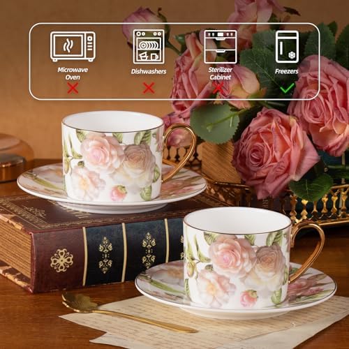 KAMMAK Tea Cups and Saucers Set of 2, Porcelain Coffee Cups, JBE027 - Image 4