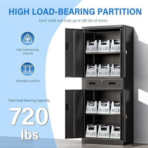 BESFUR Metal Storage Cabinet with 1 Drawer and Adjustable Shelves, 71" H Reinforced Heavy Duty Locking Storage Cabinet for Office, Garage, Home, School, Utility(Black) - Image 6