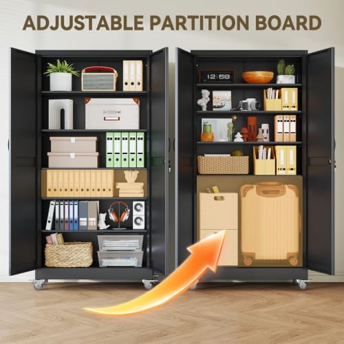 Metal Storage Cabinets with Wheels, Steel Tool Cabinets Lock Door and 5 Adjustable Shelves for Home Office, Garage, Kitchen (Black, 73.6" H) - Image 4