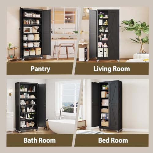 Metal Storage Cabinets with Wheels, Steel Tool Cabinets Lock Door and 5 Adjustable Shelves for Home Office, Garage, Kitchen (Black, 74.8" H) - Image 7