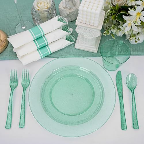DaYammi 210PCS Green Glitter Plastic Dinnerware Set for 30 Guests - Image 3