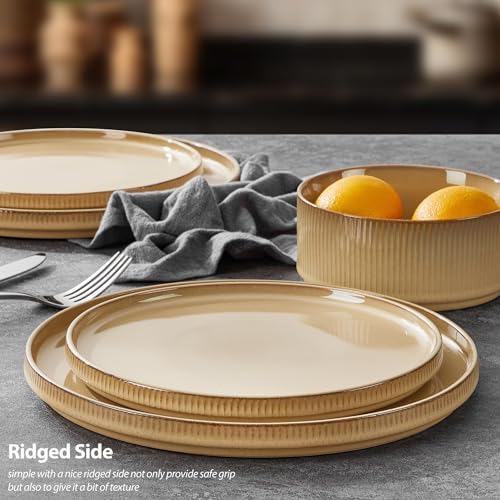 LIANYU 16 Piece Dinnerware Sets with Double Bowls, Ceramic Plates and Bowls Set for 4, Ribbed Stoneware Dishes, Microwave and Dishwasher Safe, Dune Khaki - Image 3