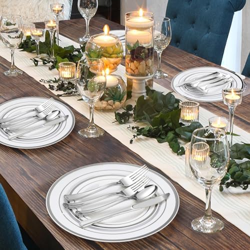 BESTVIP 600PCS Silver Plastic Plate Set (100 Guests), Disposable Plates for Party Wedding Birthday, Dinnerware Set of 200 Plastic Plates, 200 Forks, 100 Spoons, 100 Knives for Christmas - Image 6