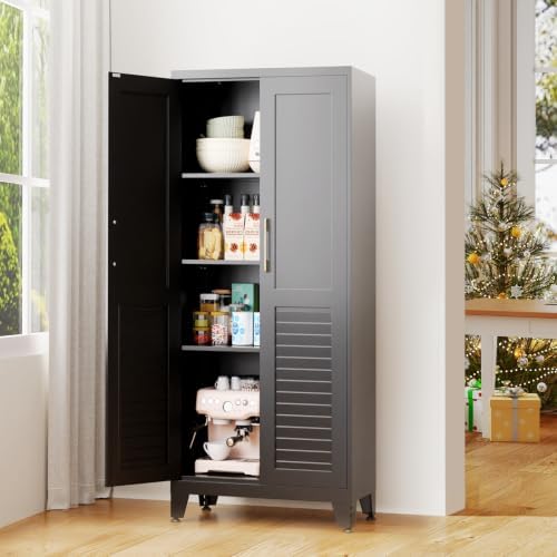 61" H Kitchen Pantry Cabinet, Freestanding Storage Cabinet with Louvered Doors, Adjustable Shelves Tall Kitchen Cabinet for Kitchen Dining Room Laundry Room, 61" H x28 W x14 D, Black by AXASIIO