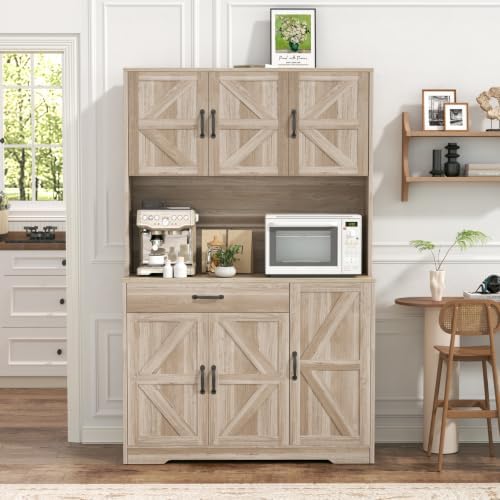 GRUSIGN 71" Pantry Cabinet with Charging Station, Large Capacity Kitchen Hutch Storage Cabinet, Kitchen Cabinet with Microwave Stand, Storage Drawers & Adjustable Shelves for Dining Room, Grey - Image 4