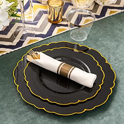 Morejoy 175PCS Black and Gold Plastic Plates, Black Plastic Dinnerware Set - Image 4