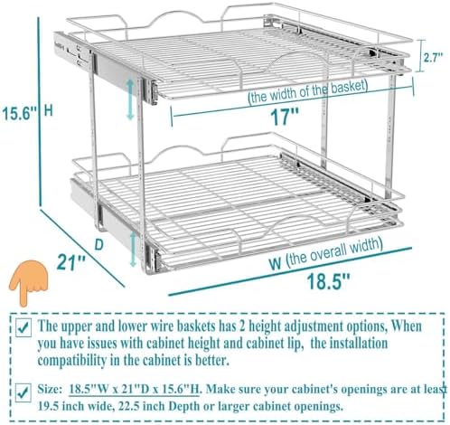 OCG 2 Tier Pull Out Cabinet Organizer (18.5" W x 21" D), Pull Out Drawers for Kitchen Cabinets, Pull Out Shelves for Base Cabinet Organization in Kitchen Bathroom Pantry, Chrome Finish - Image 2