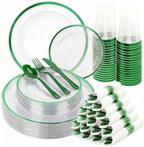 350PCS Clear Green Plastic Plates Dinnerware Sets for 50 Guests by cheerserve