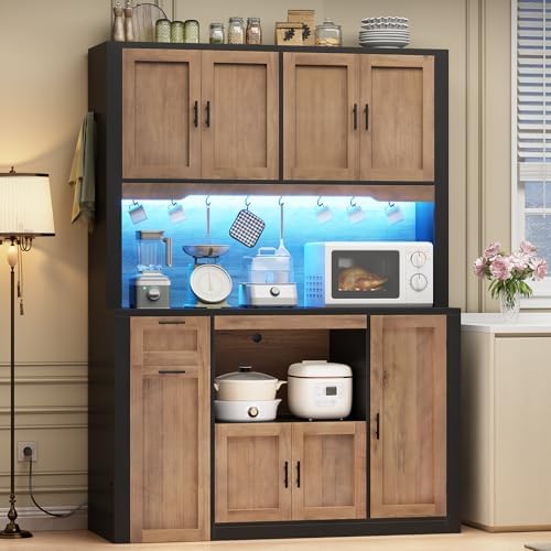 Itaar 71" Pantry Cabinet with Charging Station and LED Light, Kitchen Pantry Cabinet with Microwave Stand, 47.2" Wide Kitchen Storage Cabinets with Storage Cart 3 Tier for Dining Room,Brown - Image 3