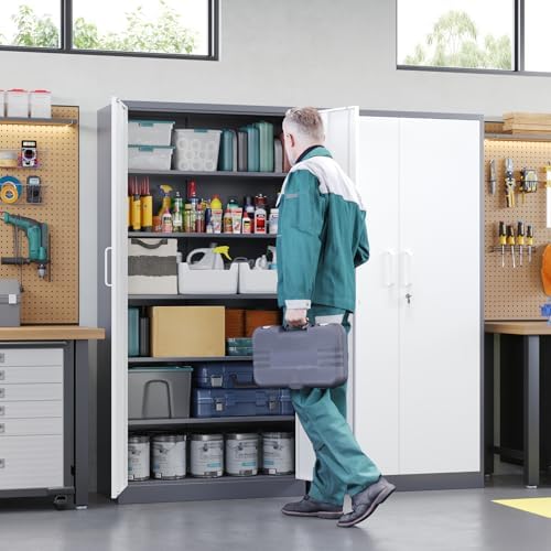 Letaya Metal Storage Cabinet with Lock Door, 71" Adjustable Shelf Steel Lockers for Office, Home,School,Garage Utility Tool Cabinet (2 Door-White&Gray) - Image 2