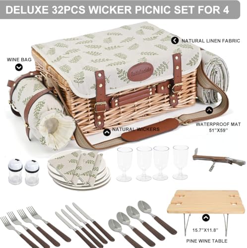 Multifunctional Wicker Picnic Basket Set for 4 with Blanket and Picnic Table, Insulated Picnic Set with Full Tablewares for Camping Outdoor Couples,Leaf - Image 5