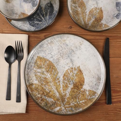 Gibson Elite Chantilly Hill 16-Piece Ceramic Dinnerware Set, Round Plates & Bowls, Multicolor Leaf Design, Microwave & Dishwasher Safe, Service for 4 - Image 2