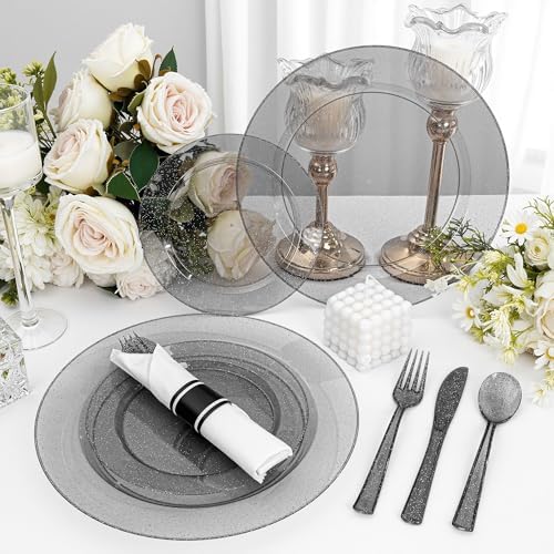 DaYammi 210PCS Black Glitter Plastic Dinnerware Set for 30 Guests - Image 4