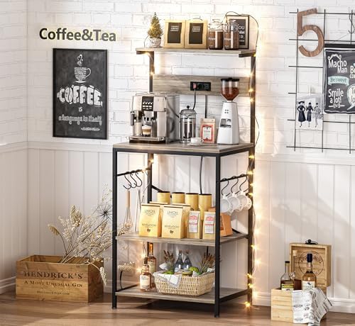 SUPERJARE Kitchen Bakers Rack with Power Outlet, Coffee Bar Table 4 Tiers, Kitchen Microwave Stand with 6 S-shaped Hooks, Kitchen Storage Shelf Rack for Spices, Pots and Pans - Greige - Image 6