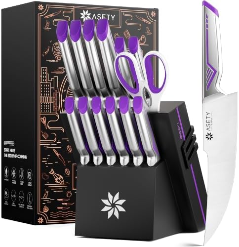 ASETY Kitchen Knife Set, 15 PCS One-Piece Stainless Steel Knife Block Set by ASETY