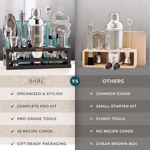 BARE BARREL® Mixology Bartender Kit Bar Set | 16-Piece Cocktail Shaker Set | Martini Barware Mixing Tools for Home Bartending | Incl. 35 Recipe Cards | Gift Set (24oz Cobbler Shaker, Silver/Black) - Image 6