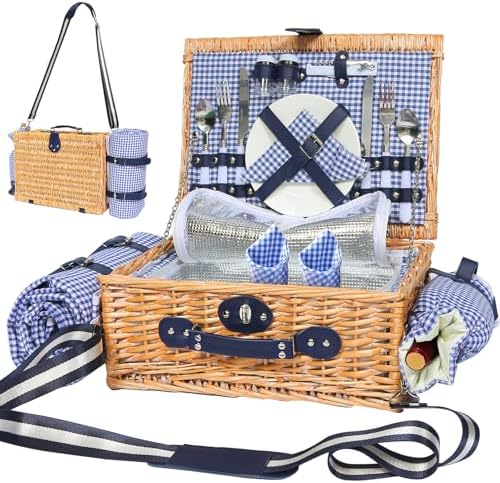 Wicker Picnic Basket for 2, Blanket & Wine Pouch, 16.6" Blue by HYBDAMAI
