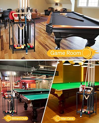 EXTCCT Pool Cue Rack Floor Stand, Metal & Wood, 12 Cues & Ping Pong, Black - Image 6