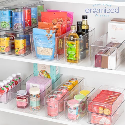 Plastic Food Storage 4 Pack Clear Container Bin with Handles for Organizing Kitchen, Pantry, Refrigerator, Freezer, Pantry, Cabinet, Closet, Bathroom. 16”x8”x5” - Image 7