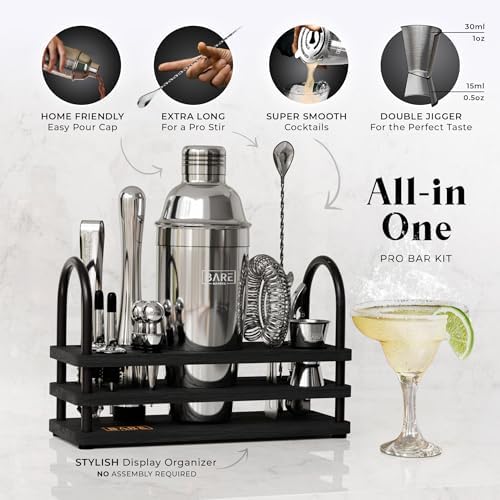 BARE BARREL® Mixology Bartender Kit Bar Set | 14-Piece Cocktail Shaker Set | Martini Barware Mixing Tools for Home Bartending | 35 Recipe Cards | Gift Set (24oz Cobbler Shaker, Silver/Black) - Image 2