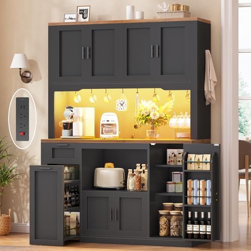 Itaar 71" Pantry Cabinet with Charging Station and LED Light, Kitchen Pantry Cabinet with Microwave Stand, 47.2" Wide Kitchen Storage Cabinets with Storage Cart 3 Tier for Dining Room, Black by Itaar