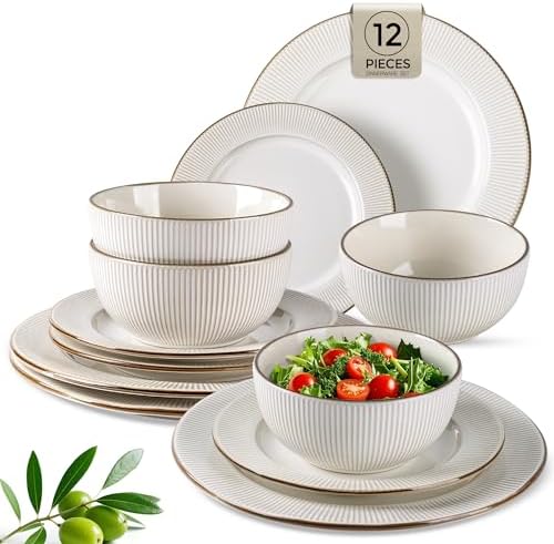 GBHOME Ceramic Dinnerware Sets,12 pcs Embossed Elegant Stoneware Plates and Bowls Sets, Housewarming Wedding Gift | Dishwasher & Microwave Safe | Dishes Set Service for 4 by GBhome