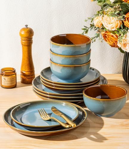 LeRatio Ceramic Dinnerware Sets for 4,12Pcs Porcelain Plates and Bowls Set by LeRatio