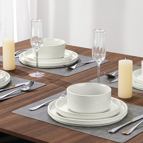 LIANYU 24 Piece Dinnerware Sets with Double Bowls, Ceramic Plates and Bowls Set for 4, Ribbed Stoneware Dishes for Home Kitchen, Microwave and Dishwasher Safe, Speckled White - Image 4