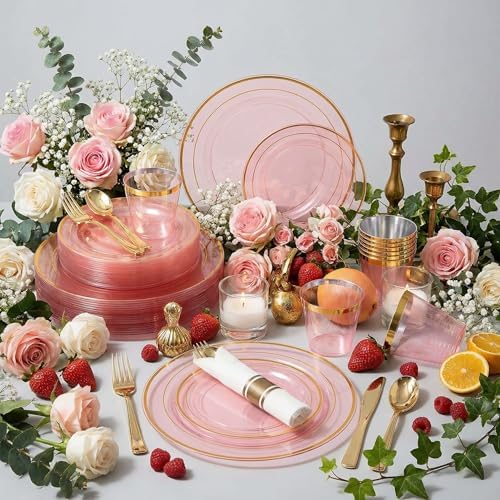 WELLIFE 350Pcs Clear-Pink Plastic Dinnerware- Pink and Gold Plastic Dinnerware include 50 Dinner Plates, 50 Dessert Plates, 150 Gold Silverware, 50 Cups and 50 Napkins Perfect for Parties - Image 6