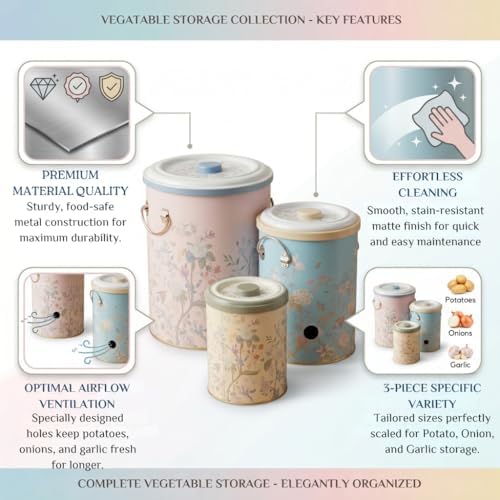 MARIA ROMA Metal Potato and Onion Storage Bin Set of 3 with Garlic Keeper - Vintage Metal Kitchen Canisters, Vegetable Storage Containers - Farmhouse Rustic Pantry Organization - Image 3