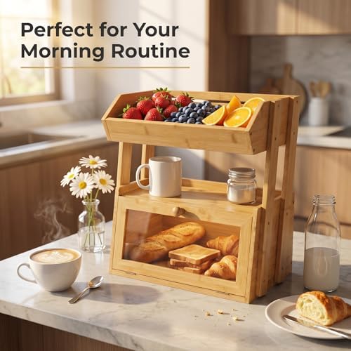 3-Tier Bamboo Bread Box for Kitchen Countertop with Fruit Basket - Image 2