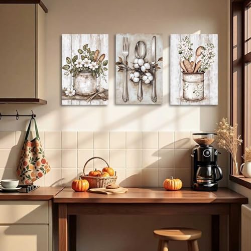 YMXDYMJSW Vintage Kitchen Wall Art 3 Piece Kitchenware Pictures Fork Knife Spoon Floral Canvas Print Farmhouse Floral Tableware Painting for Dining Room Home Decor (White, (20.00" x 28.00" x 3PCS)) - Image 2