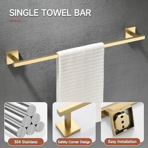 TQKAG Brushed Gold Bathroom Hardware Accessories Set 10 Pieces, 23.6" SUS304 Stainless Steel Towel Bar Set Wall Mounted Includes Single Towel Bar, Towel Ring, Toilet Paper Holder, Double Towel Hooks - Image 2