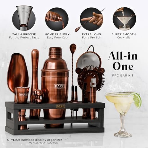 BARE BARREL® Mixology Bartender Kit Bar Set | 16-Piece Cocktail Shaker Set | Martini Barware Mixing Tools for Home Bartending | Incl. 35 Recipe Cards | Gift Set (24oz Cobbler Shaker, Copper/Black) - Image 2
