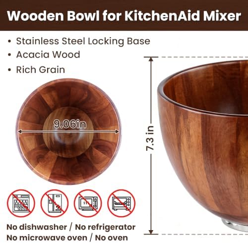 KITOART 5QT Wood Mixing Bowl for KitchenAid Tilt-Head Stand Mixers Acacia - Image 3