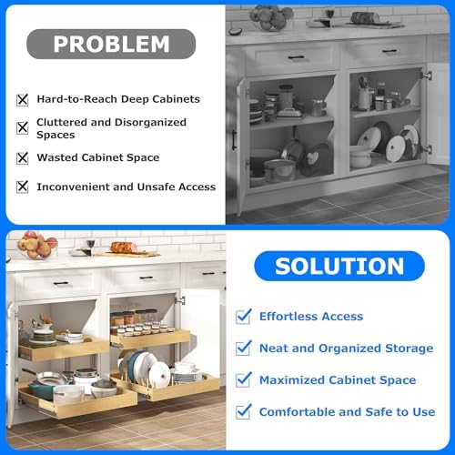 WelFurGeer 2-Tier Pull Out Cabinet Organizer with Soft Close Slides, Heavy-Duty Pull Out Drawers for Cabinets, Slide Out Shelf for Kitchen, Bathroom, Pantry & Under Sink, Solid Birch Wood - Image 3