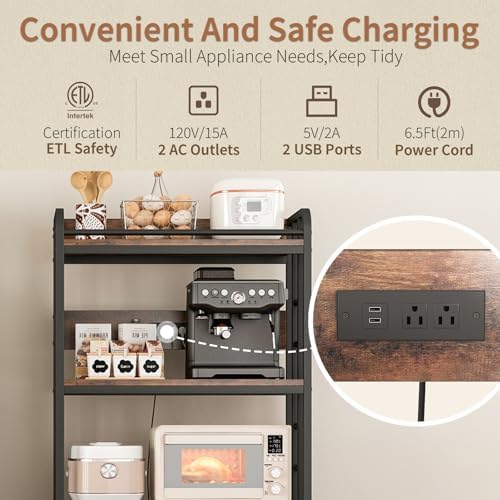 METYERRY Microwave Stand with Storage, 4-Tier Kitchen Bakers Rack with Power Outlet and USB Charging Ports, Rolling Kitchen Cart with Lockable Wheels and Adjustable Shelves for Coffee Bar, Rustic Brow - Image 5