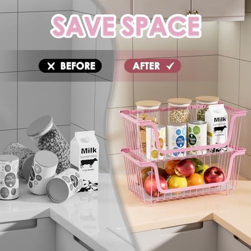 4 Pcs Stackable Wire Baskets for Pantry Organizers and Storage, Pink - Image 5