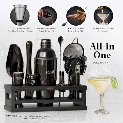 BARE BARREL® Mixology Bartender Kit Bar Set | 16-Piece Cocktail Shaker Set | Martini Barware Mixing Tools for Home Bartending | Incl. 35 Recipe Cards | Gift Set (24oz Cobbler Shaker, Jet Black/Black) - Image 2