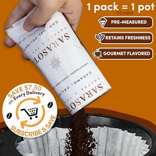 Coffee Packets – Salted Caramel Flavored Ground Coffee Packs | Gourmet Medium Roast, Low Acid Mold Free Pre-Measured Pouches for 12 Cup Brewers | 2 oz Single-Pot Bags, 36 Count – Sarasota Coffee - Image 3